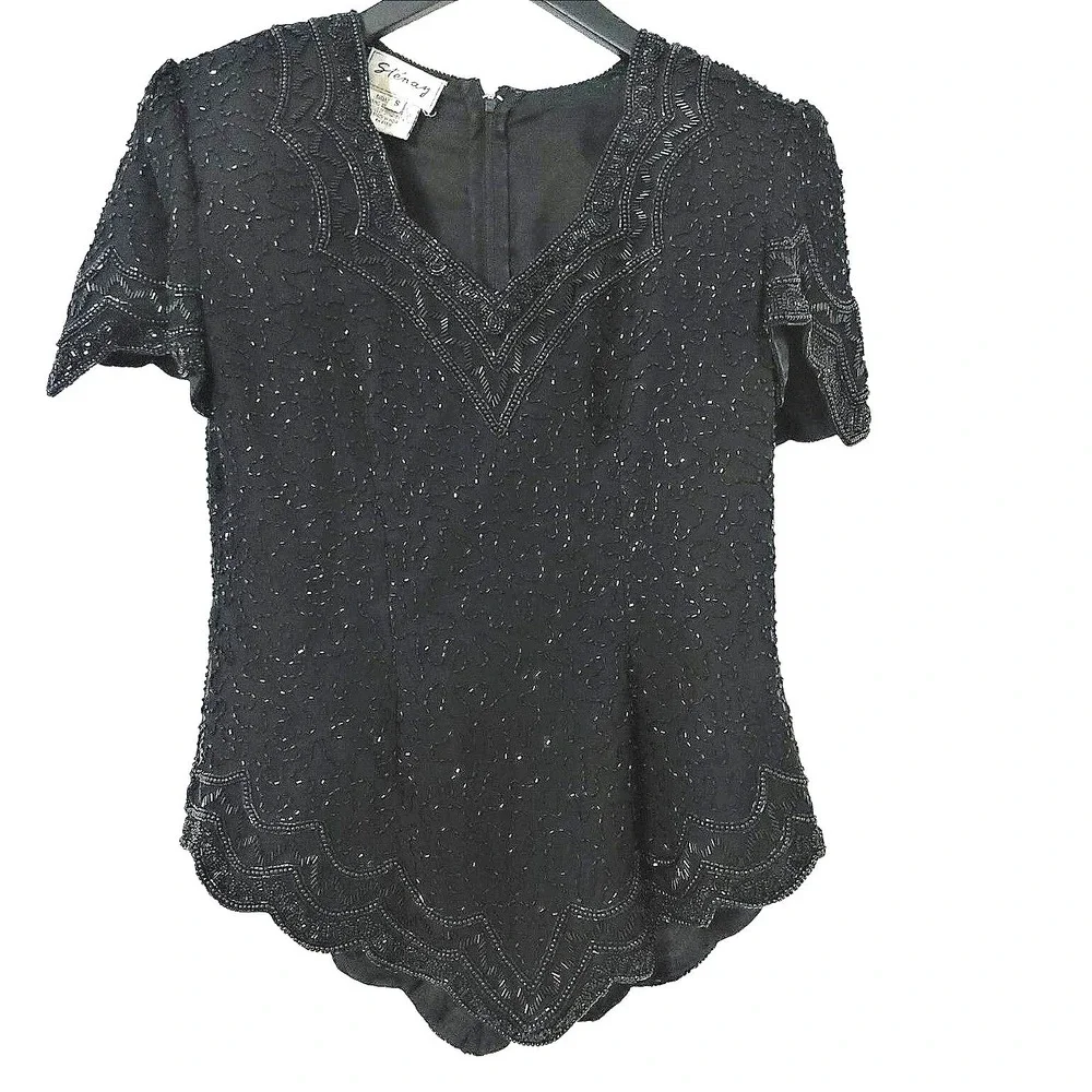 Stenay Vintage Black Silk Beaded Evening Top V-Neck Scalloped Hem‎ Size S